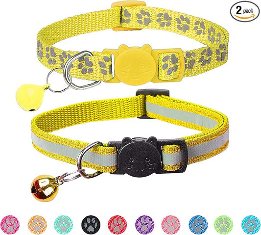 BANMODER 2 Pack Reflective Cat Collar Breakaway with Bell,Personalized Kitten Collars,Adjustable Safety Buckle Collar for Male Cats Girls & Boys (Yellow)