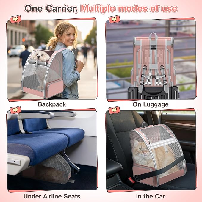 Cat Backpack Carrier Expandable for Travel: Foldable Pet Backpack with Breathable Mesh for Medium Small Dog Cat Puppy Kitten up to 15 Lbs, Cat Carrier Soft Backpack for Hiking Camping Outdoor(Pink)