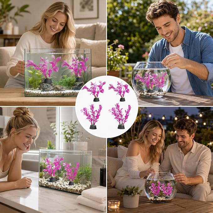 4PCS Pink Fish Tank Decor Set, Silk Plants for Betta Fish Tank, Aquarium Plants Decorations, 4PCS Set for Small Aquariums, Creating Resting Spots and Reducing Fish Stress
