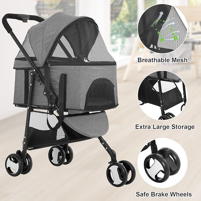 BestPet 3-Wheels Pet Stroller - Dog & Cat Premium 3-in-1 Multifunction Detachable Carrier Lightweight Folding Travel Stroller, Grey
