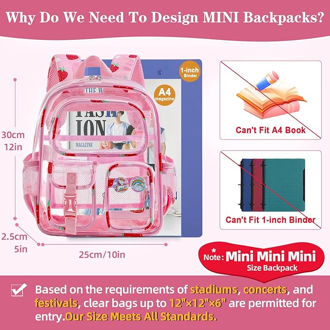 Mini Clear Backpack for Stadium Approved 12x6x12, Small Transparent Backpacks Plastic See Through Clear Bag for Kids Girls Women for Sporting Event, Concerts, Work, Festival (Strawberry)