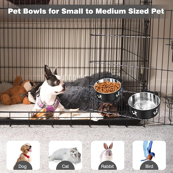 Crate Dog Bowl, 2 Pack Dog Crate Water Bowls Hanging No Spill, Removable Stainless Steel Mountable Pet Kennel Bowl Food Feeder Coop Cup Cage Accessories for Puppy Cat Rabbit Guinea Pigs Ferret Bird