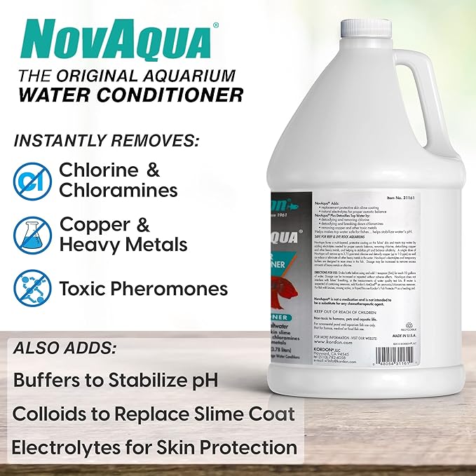 KORDON Novaqua Aquarium Water Conditioner for Freshwater & Saltwater – Instantly Detoxifies Chlorine, Chloramines, & Heavy Metals in Tap Water, Replaces Fish Slime Coat, Adds pH Buffers, 1-gallon