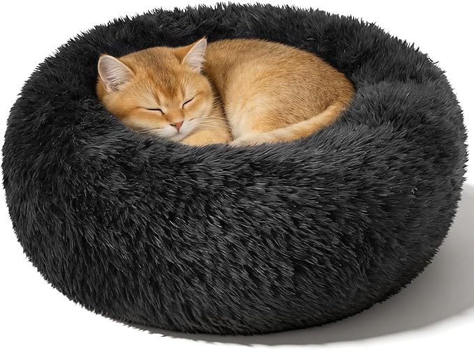 Dog Calming Beds for Small Medium Large Dogs - Round Donut Washable Puppy Dog Bed, Anti-Slip Faux Fur Fluffy Donut Cuddle Anxiety Cat Pet Bed(20" Black