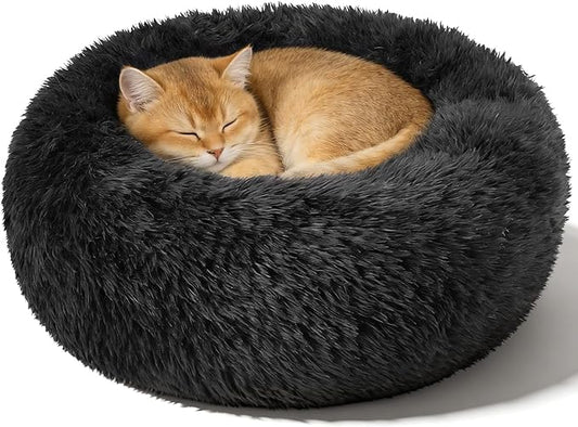Dog Calming Beds for Small Medium Large Dogs - Round Donut Washable Puppy Dog Bed, Anti-Slip Faux Fur Fluffy Donut Cuddle Anxiety Cat Pet Bed(20" Black