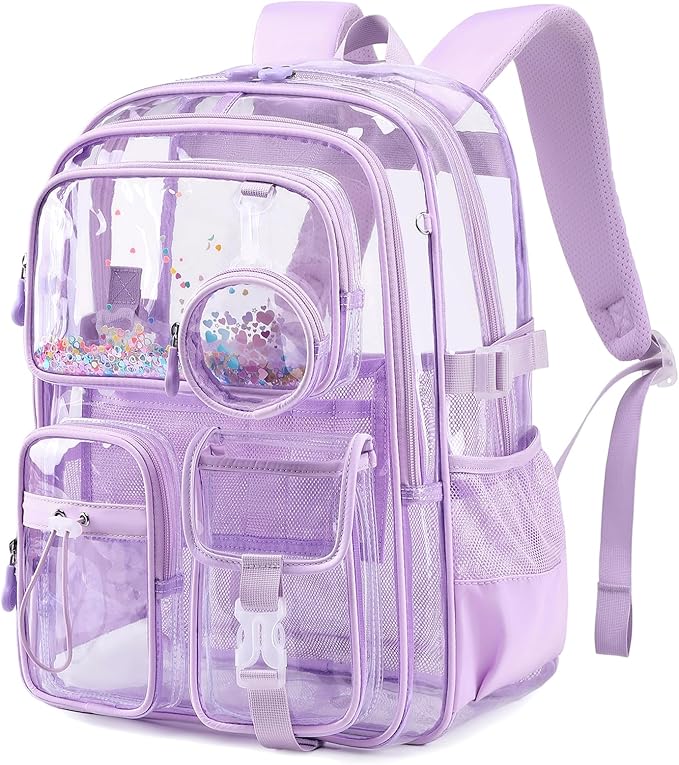 Clear Backpacks for Stadium Events Heavy Duty Clear Bookbag for School Girls Transparent Back Pack, Purple