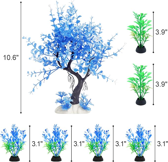Aquarium Fish Tank Decorations, Blue Plastic Tree with 6 Pack Small Artificial Aquarium Plants Set for Betta Fish Tank Decor
