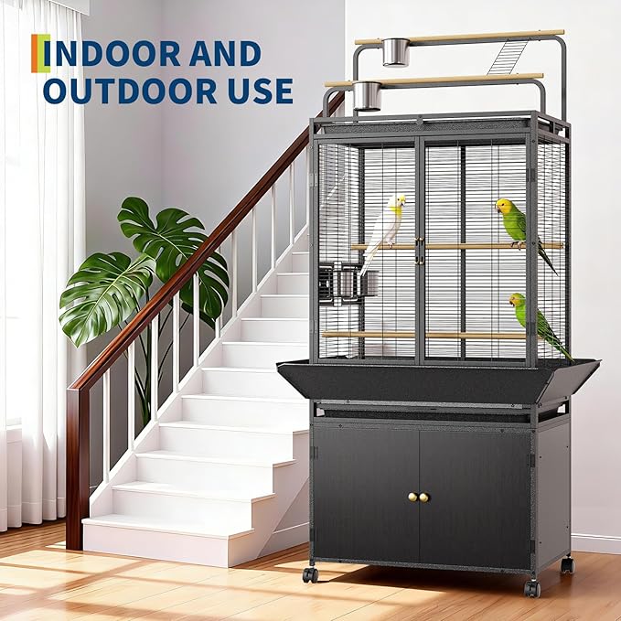 Garvee 71" H Rolling Bird Cage,Large Rolling Birdcage with Top Stand & Storage Cabinet,Black Walnut Wood Parakeet Cage for Macaw Parrot Cockatiel Budgie