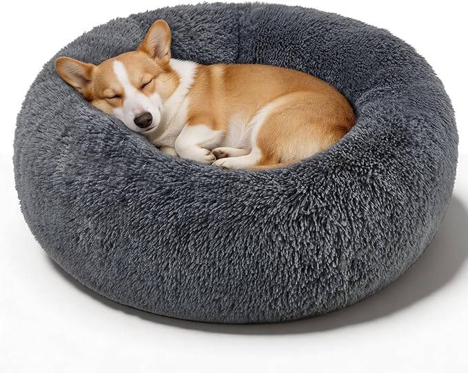 Dog Calming Beds for Small Medium Large Dogs - Round Donut Washable Puppy Dog Bed, Anti-Slip Faux Fur Fluffy Donut Cuddle Anxiety Cat Pet Bed(32" Dark Grey)