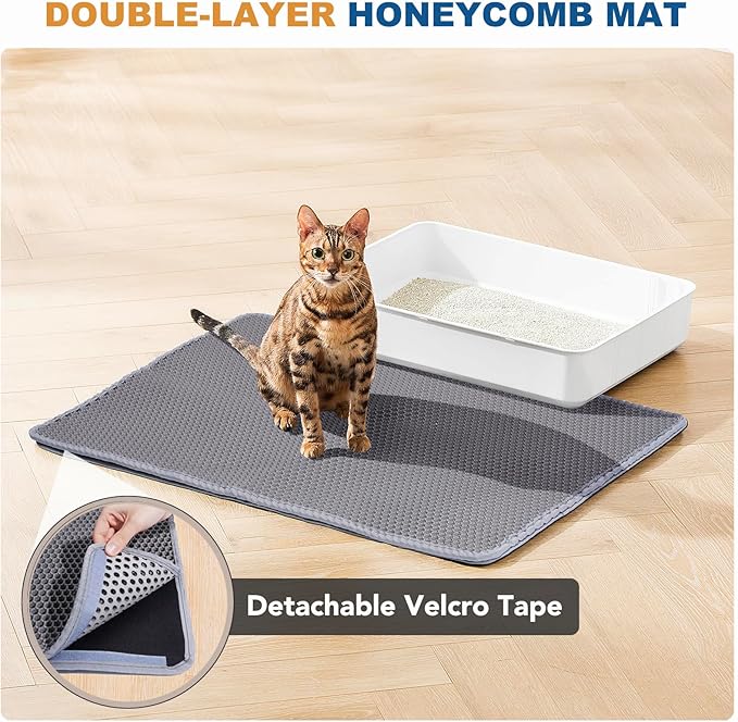 Cat Litter Mat, Large Kitty Litter Box Trapping Mat, 24x16'' Honeycomb Double Layer Urine & Waterproof, Washable Easy Clean, Litter Mats for Floor Less Waste, Anti-Slip
