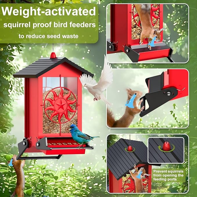 Squirrel Proof Bird Feeders for Outdoors with Weight-Activated, 5LB Large Metal Wild Bird Feeders for Cardinals,Blue Jay,Finch, Weatherproof Durable Hanging Bird Feeder for Backyard,Garden (Red)