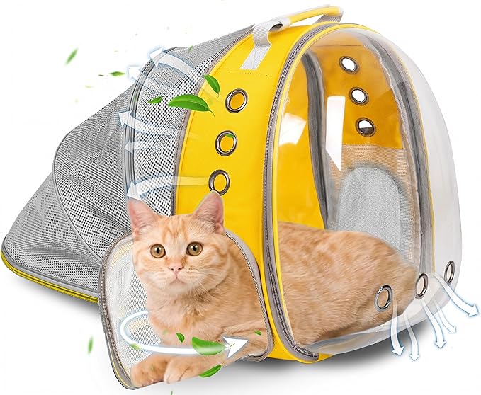 Cat Backpack Carrier Back Expandable Bubble Pet Carrier Backpack for Large Cat, Kitten and Dog, Designed for Hiking, Travelling and Outdoor Use (Back Expandable-Yellow)