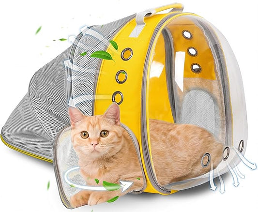 Cat Backpack Carrier Back Expandable Bubble Pet Carrier Backpack for Large Cat, Kitten and Dog, Designed for Hiking, Travelling and Outdoor Use (Back Expandable-Yellow)