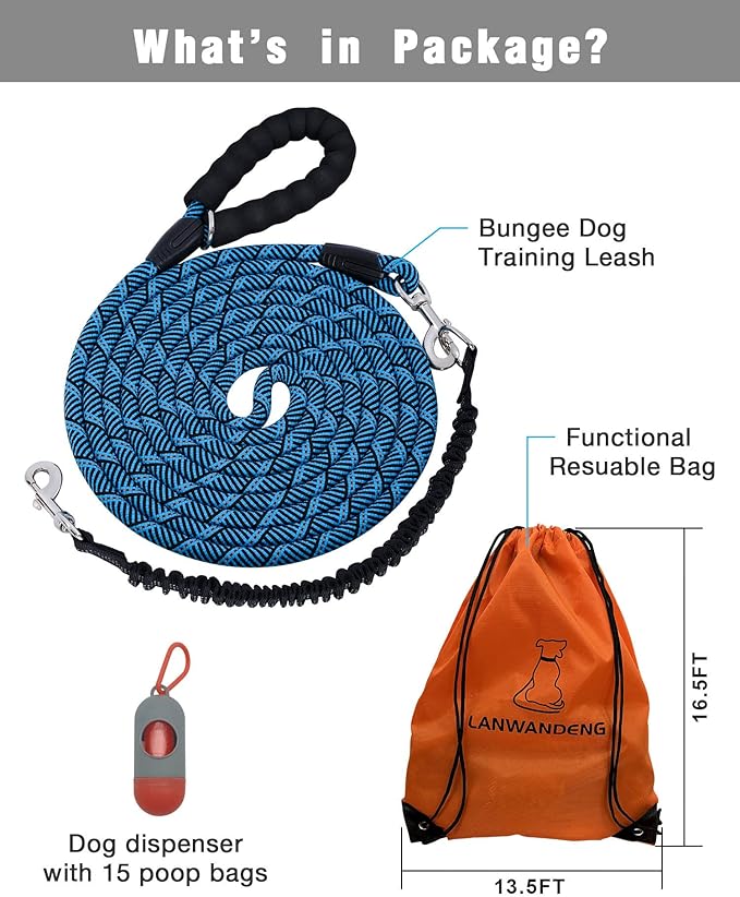 Long Dog Leash with Reflective Threads 15FT 20FT 30FT 50FT,Heavy Duty Bungee Dog Leashes for Small Medium Large Dogs,Shock Absorbing Training Leash for Walking,Hunting,Camping&Yard