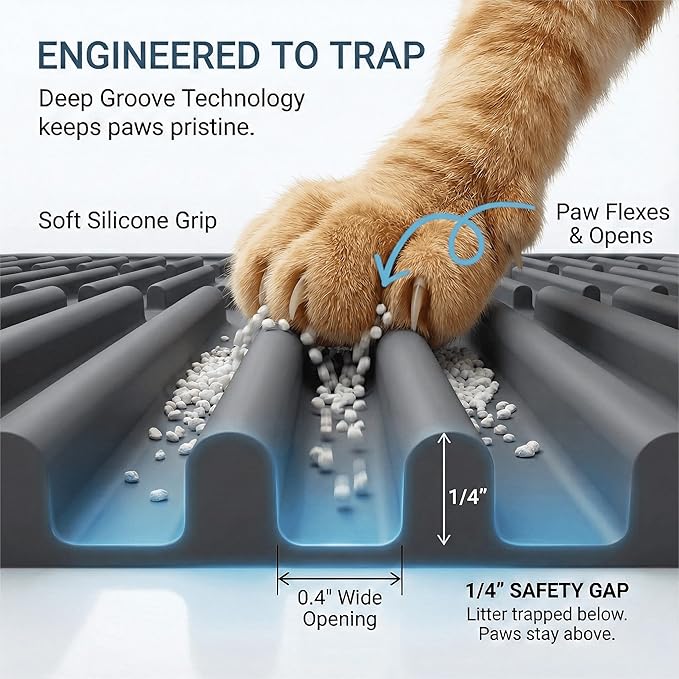 Extra Large Litter Mat: XL 39"x29" Silicone Waterproof Groove Design Litter Trapping Mat Easy to Clean for Multiple-Cats - Jumbo Non-Slip Cat Box Rug for Floor (Grey)