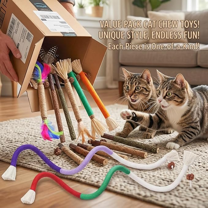 Cat Toys 12PCS Catnip Toy for Indoor Kitten Toys Cat Chew Stick for Dental Cleaning Teeth Cat Silvervine Matatabi Rope Treat Kitty Feather Snack for for Kick Molar Scratch Self Play