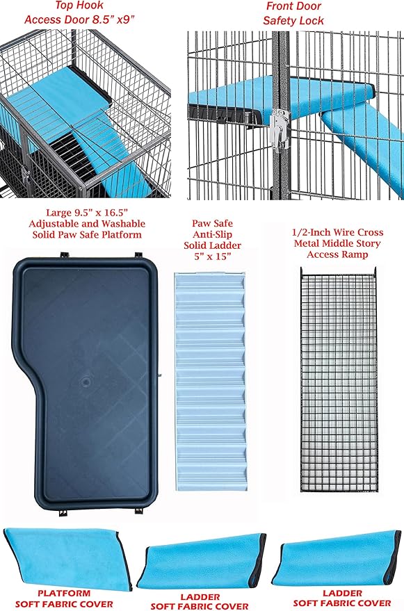 Two Full Story Deluxe Double Unit Critter Home Cage Double Durable Front Doors Safety Lock Tight 1/2-inch Wire Spacing for Feisty Ferret Hammock Chinchilla Cat Rat Gerbil Sugar Glider On Wheels