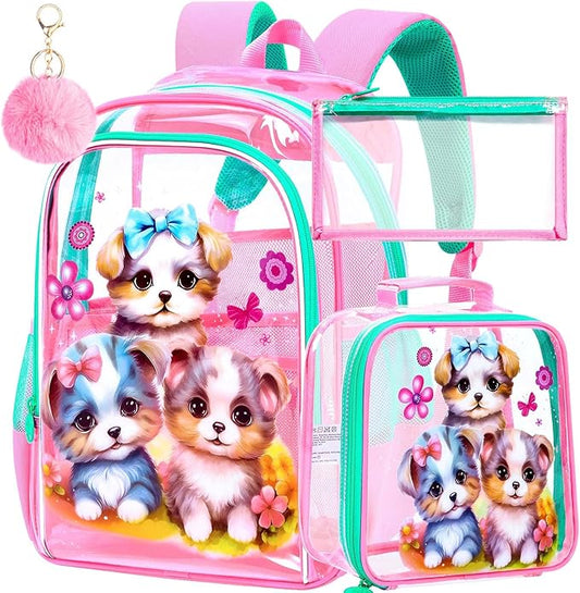 AGSDON 3PCS Clear Backpack for Girls, Kids Dog Transparent Backpack with Heavy Duty PVC, See Through Backpacks with Lunch Bag- Pink Dog