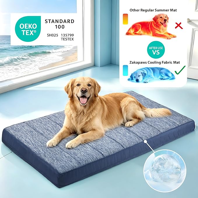 Cooling Dog Bed for Large Dogs - Orthopedic Pet Beds with Memory Foam, QMAX>0.5, Waterproof Removable Washable Cover for Hot Weather, Wander Blue, 35" L x 23" W x 3" H