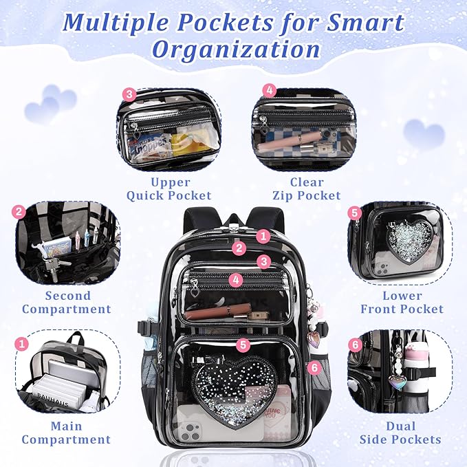 Clear Backpack for School Girls, Cute Heavy Duty PVC Transparent Bookbag, See-Through Bag for Stadium Event Semi-Black