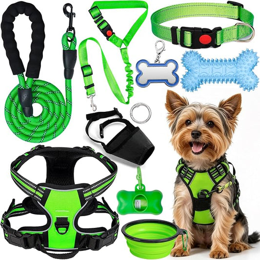 No Pull Dog Harness Adjustable Collar & Leash Set - Dog Halter Harnesses Collapsible Bowls & Poop Bag Dispenser Muzzle ID Tags Toys Fits Small Medium Large Dogs (Green-S)