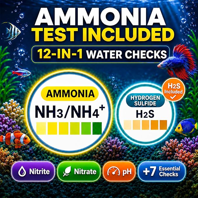 12-in-1 Aquarium Test Strips for Ammonia, 50ct Fish Tank Water Testing Kit | Aquarium Water Test Kit, Fish Tank Test Strips and Water Test Kit for Fish Tank; Detects Hydrogen Sulfide, Nitrate and More