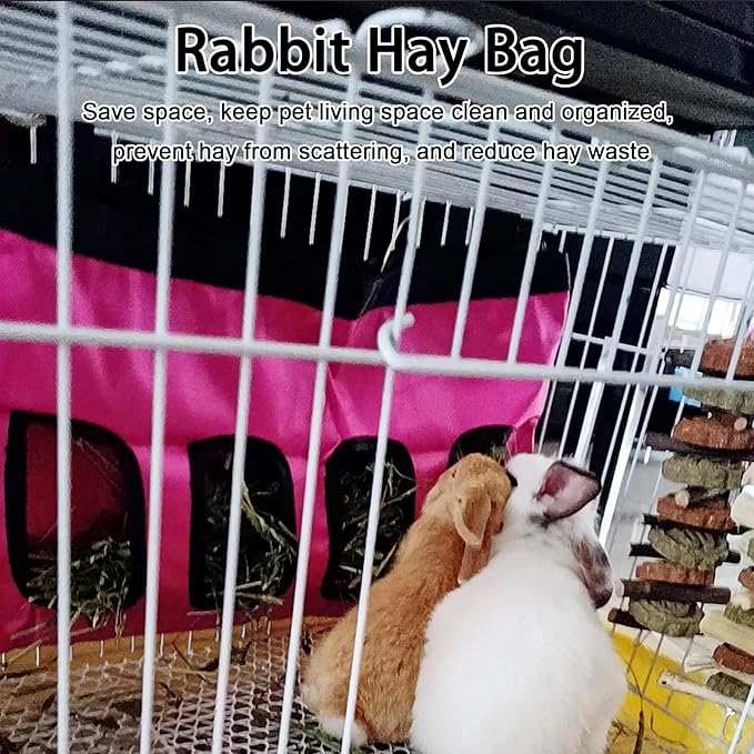 Rabbit Hanging Hay Feeder Bag Large Capacity Small Animal Hay Dispenser 600D Oxford Cloth Rabbit Hay Storage Bag for Bunnies Guinea Pigs Chinchillas (Rosered)