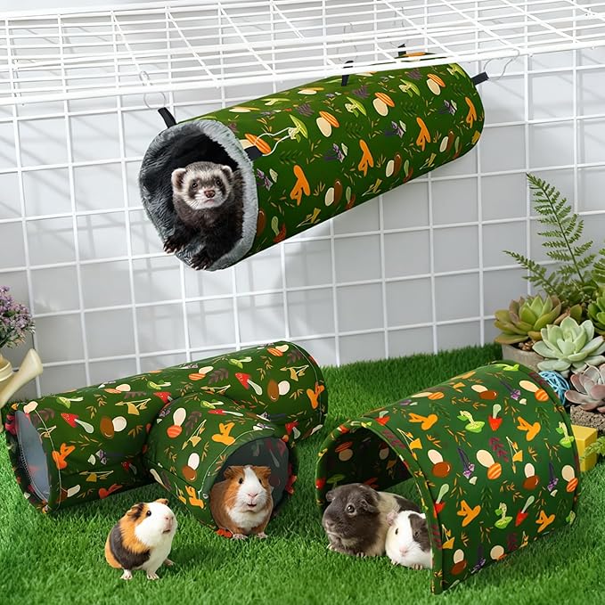 Geelin 5 Pcs Guinea Pig Tunnel Rat Hideout Guinea Pig Hideout 3 Way Ferret Tunnel Rabbit Bed with Curtains Plush Mat Hangable Washable Cage Accessories Bunny House Toys for Small Animal