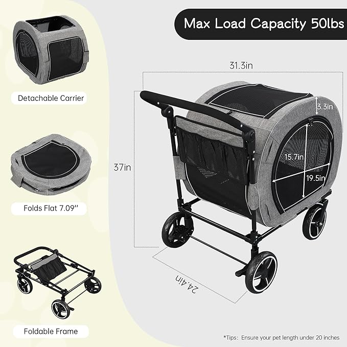 Saudism Pet Stroller for Dogs Cats up to 50 lbs, Foldable Dog Stroller with 360° Swivel Wheels, Detachable Carrier, Adjustable Handle, Travel Dog Stroller for Small Medium Large Pets, Gray