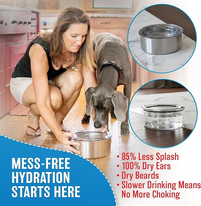 Slopper Stopper Stainless Steel Dripless Water Bowl with Tritan Plastic Lid – Holds 1 Gal, Reduces Spills & Trails Up to 85%+, Water Bowl for Large Breed Dogs (51-85 lbs), The Original Slobber Stopper