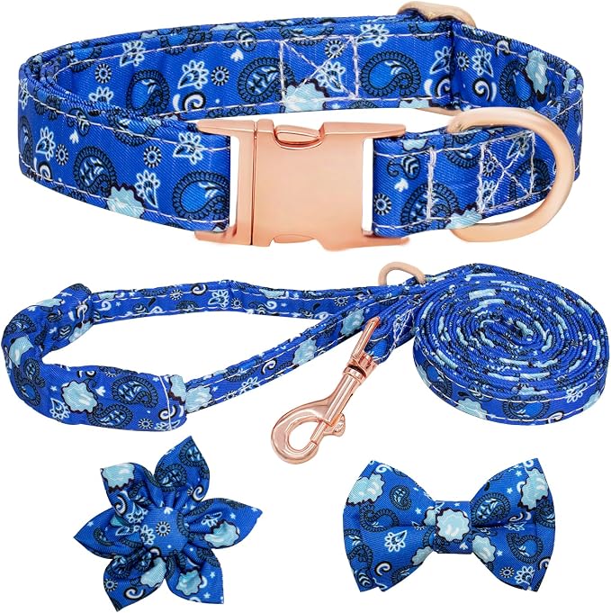 Dog Collar and Leash Set Girls Adjustable Puppy Collars with Floral Bow Tie for Small Medium Large Female Dogs, BluePaisley, XS