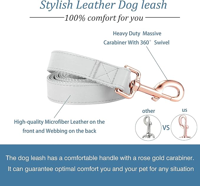 Dog Collar and Leash Set.Soft and Easy to Clean Vegan Leather with Rose Gold Metal Buckle for Small Medium Large Dogs (Grey, L(15.4”-24.8“)