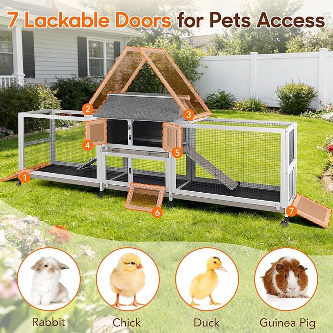 93" L Large Bunny Hutch Outdoor Indoor, with 2 Chew-Resistant Ramp, 4 Leak-Proof Removale Trays, 2-Story Wooden Waterproof Roof Bunny House Outdoor
