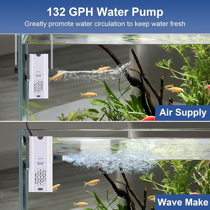 132 GPH 4-In-1 Aquarium Filter, 20-40 Gallon Fish Tank Filters (7 W) | Fish Filter, Filtration And Oxygenation, Filter for Fish Tank with Biochemical Cotton, Multi-Functional Turtle Tank Filter
