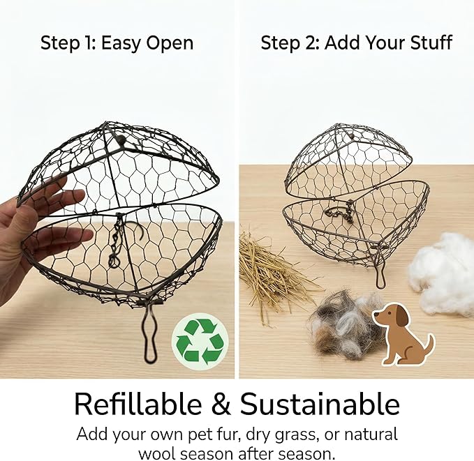 Handmade Alpaca Fiber Bird Nesting Heart Material with 3 Bells, Metal Wire Cage Holder for Wild Birds Hummingbirds Goldfinches, Refillable Garden Decor & Bird Lover Gift