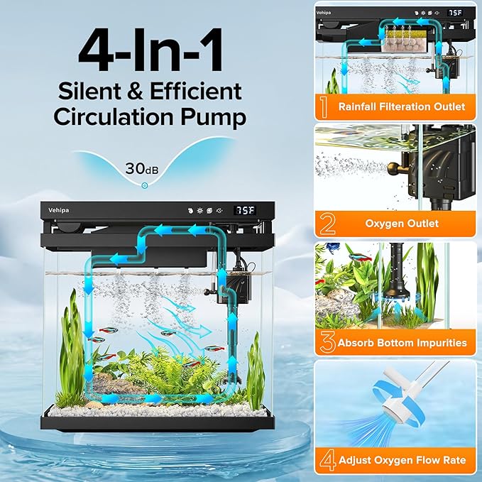 Vehipa Fish Tank, 2.2 Gallon Smart Aquarium, Small Fish Aquarium Kits with Smart Humidifier, Auto Feeder, Silent Water Pump, Temperature Display & 7-Color Lighting, for Office & Home - Black
