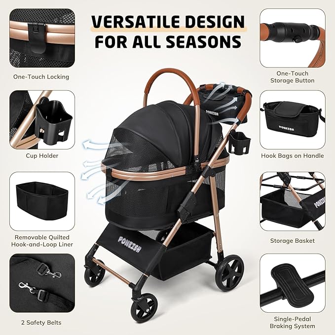 Pet Stroller for Small/Medium Dogs & Cats Up to 50 lbs, 3-in-1 Foldable Stroller w/Detachable Carrier & Car Seat, Removable All-Season Liner, Sunshade, Storage Basket & Cup Holder, All-Terrain, Black