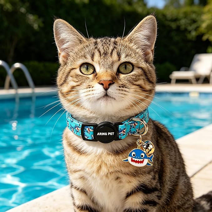 ARING PET 2 Pack Cat Collars with Bell, Cute Soft Cotton Kitten Kitty Breakaway Summer Cat Collars for Boy Girl Cats-Blue Shark & Ice Cream