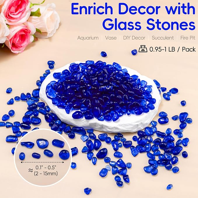 Colorful Glass Stones, 1 LB Fish Tank Gravel, Small Irregular Rainbow Aquarium Gravel for Aquarium Decorations and Turtle Tank , Sea Glass Beads Crystals for Fish Bowl, Vase Filler,Cobalt Blue