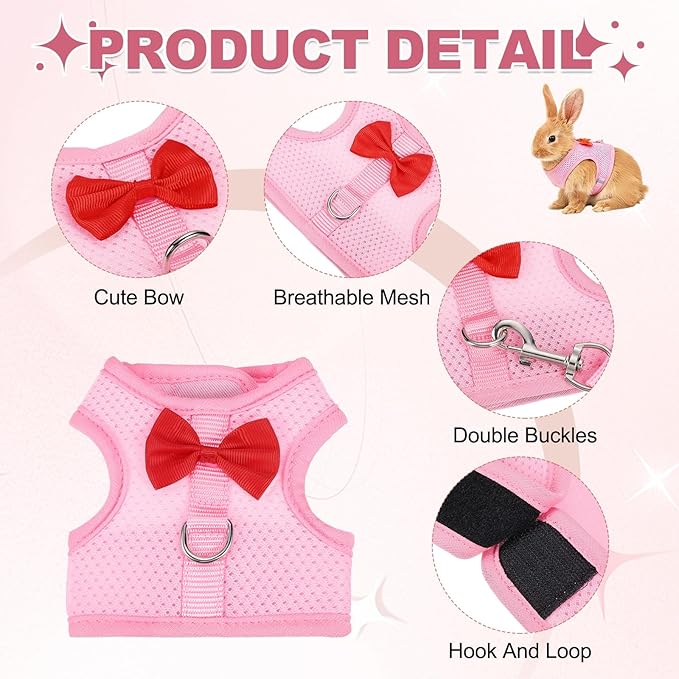 Rabbit Harness and Leash, Small Pet Cute Vest Harness Leash Soft Adjustable Buckle Breathable Mesh (S, Pink) for Bunny Kitten Small Pig Puppies Camping Hiking Training