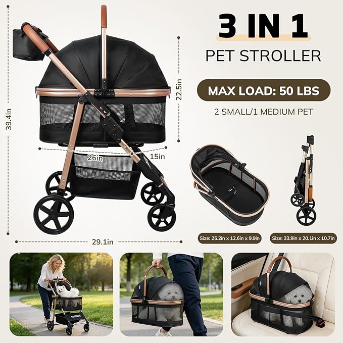 Pet Stroller for Small/Medium Dogs & Cats Up to 50 lbs, 3-in-1 Foldable Stroller w/Detachable Carrier & Car Seat, Removable All-Season Liner, Sunshade, Storage Basket & Cup Holder, All-Terrain, Black
