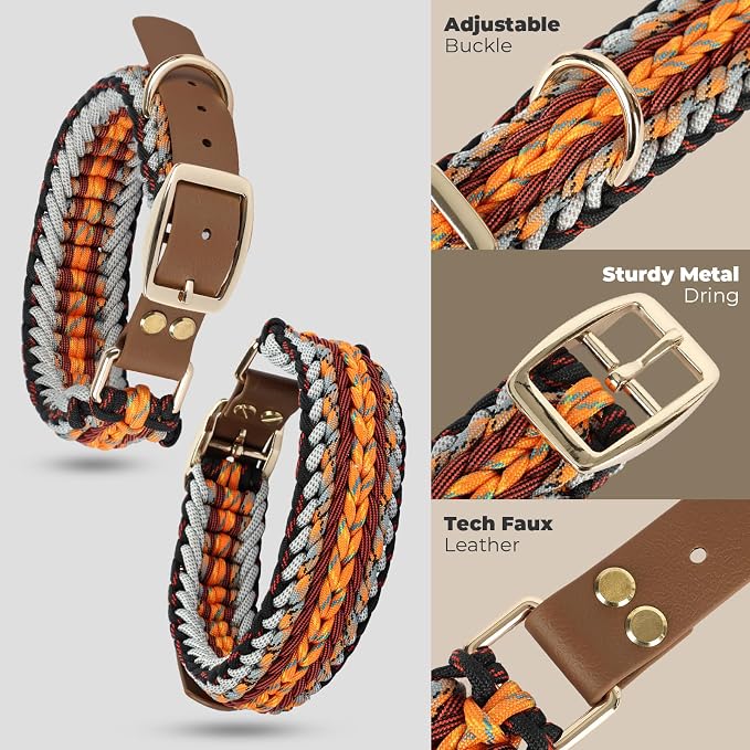Tirevt Hand-Woven Dog Collar and Leash Set:Color-Block Design, Premium Reinforced Buckle, Adjustable Artisan Paracord for Puppies, Small, Medium & Large Dogs (Orange, XL)