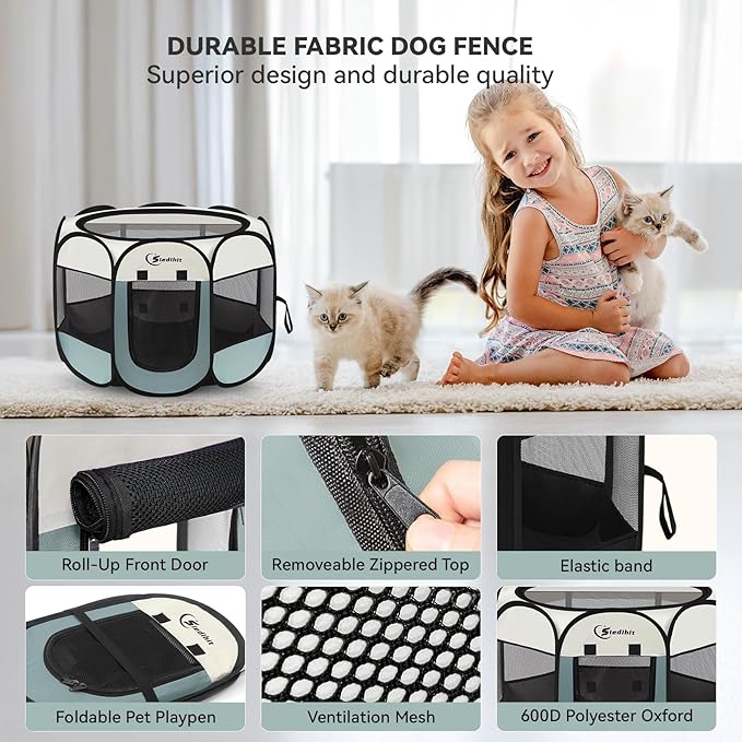 Siedihit Dog Cat Playpen, Puppy Pet Playpen Indoor for Small Dog Crate Tent Cage Outdoor, Portable Pop Up Dogs Enclosure Kennel with Carrying Case for Dogs/Cats/Rabbits(Grey, Small