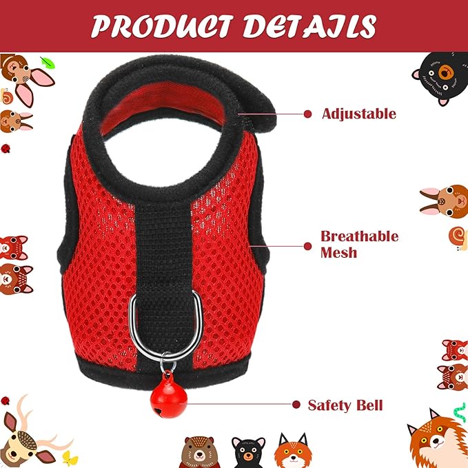 SATINIOR 2 Sets Guinea Pig Harness and Leash Adjustable Soft Mesh Harness Bell No Pulling Comfort Vest for Baby Ferret Rats Hamster Bunny Rabbit Chinchilla and Small Pet(Black, Red,S)