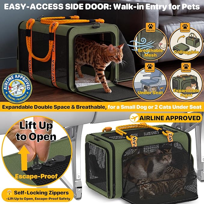PAWZIDEA Expandable Pet Carrier with Wheels, 18"x11"x11" TSA Airline Approved Cat Carrier for 2 Cats Under Seat, Collapsible Soft-Sided Small Dog Rolling Travel Bag with Telescopic Handle, Up to 18lbs