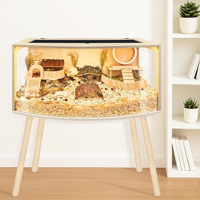 Prolee Hamster Cage with Curved Design,Chew Proof Wooden Hamsters Enclosure with Leg Stand and Openable Top or Gerbils,Hamster Habitat (32"x16"x16")