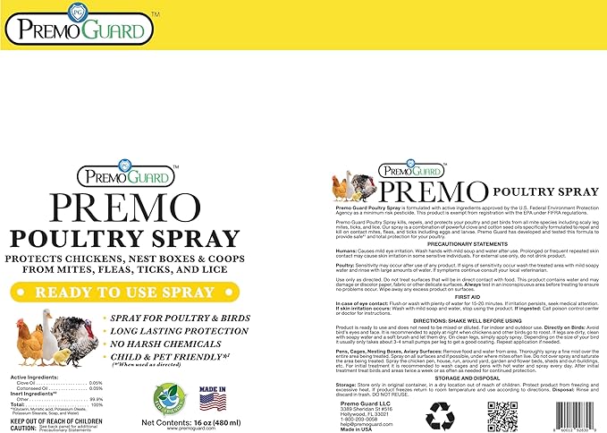 Premo Guard Poultry Spray - 16 oz - Kill Scaly Leg, Mites, Fleas, Lice, & Other Pest on Chickens and in Coops - Natural Plant Based Oils for Control, & Prevention - Family Safe with No Egg Withdrawl