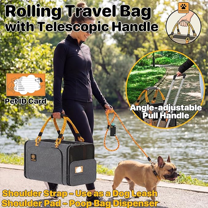 PAWZIDEA Expandable Pet Carrier with Wheels, 18"x11"x11" TSA Airline Approved Cat Carrier for 2 Cats Under Seat, Collapsible Soft-Sided Small Dog Rolling Travel Bag with Telescopic Handle, Up to 18lbs