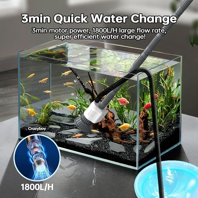 30W Electric Aquarium Gravel Cleaner, 6-in-1 Automatic Fish Tank Vacuum with Adjustable Suction Power, Removable Motor for Easy Maintenance, Efficient Water Changer & Substrate Scraper Kit (White)