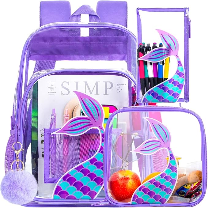 Clear Backpack for Girls and Boys, Kids Transparent Bookbag, 3PCS Cute See Through School Bag for Elementary Prechool